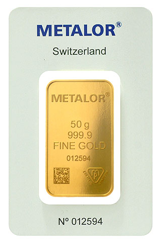 Le lingot en or de 50 Grammes du fondeur suisse Metalor.