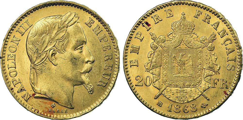 Avers y Revers de la 20 Francs en Or Napolèon III BB 1868. Le napoleon or BB 1868 est une Pièce d'Or francaise de 5,80 gramme d'or fin d'un diamètre de 21,0 mm.