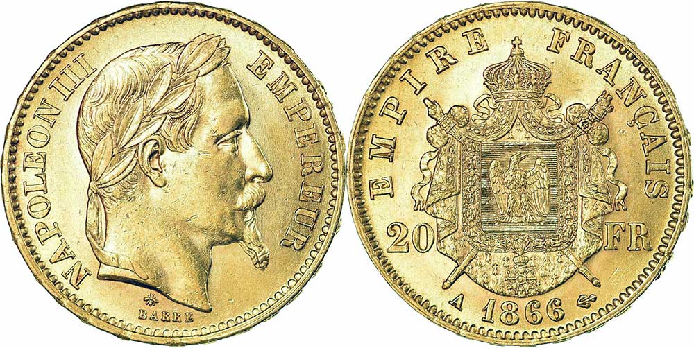 Avers y Revers de la 20 Francs en Or Napolèon III 1866 A. Le napoleon or 1866 A est une Pièce d'Or francaise de 5,80 gramme d'or fin d'un diamètre de 21,0 mm.