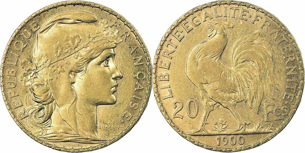 Avers y Revers de la 20 Francs en Or Coq Marianne 1900. Le napoleon or 1900 est une Pièce d'Or francaise de 5,80 gramme d'or fin d'un diamètre de 21,0 mm.