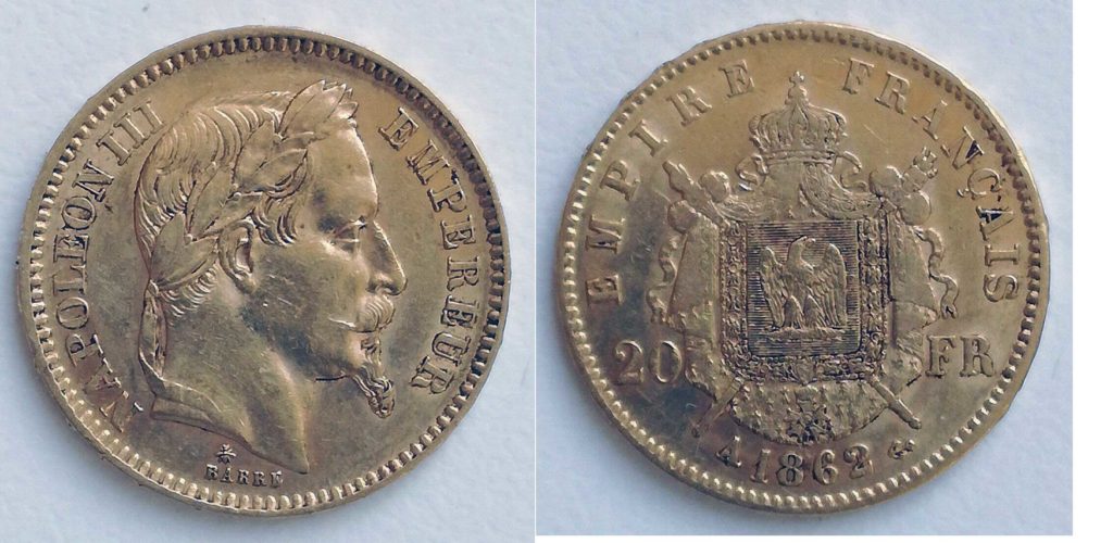 Avers y Revers de la 20 Francs en Or Napolèon III 1862 A. Le napoleon or 1862 est une Pièce d'Or francaise de 5,80 gramme d'or fin d'un diamètre de 21,0 mm.