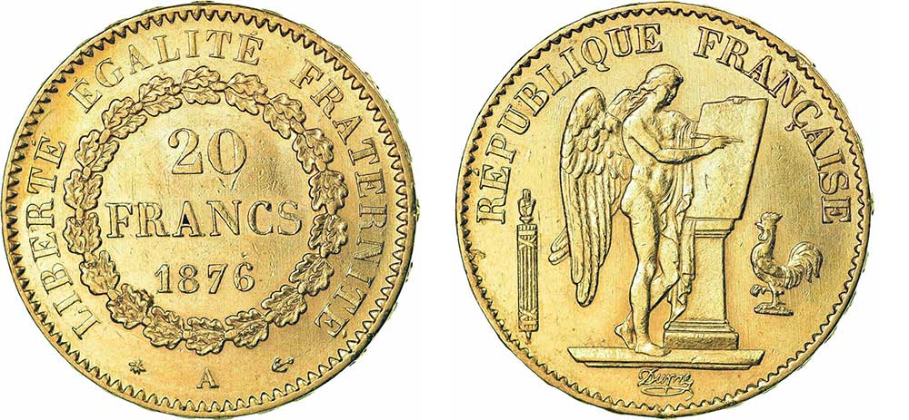 Die 20 Francs stehender Engel 1876, heute eine beliebte Anlagemünze mit einer Reinheit von 900/1000.