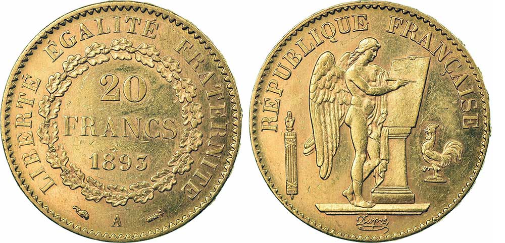 Avers y Revers de la 20 Francs en Or Génie 1893A. Le napoléon or 1893 A est une Pièce d'Or française de 5,80 gramme d'or fin d'un diamètre de 21,0 mm.