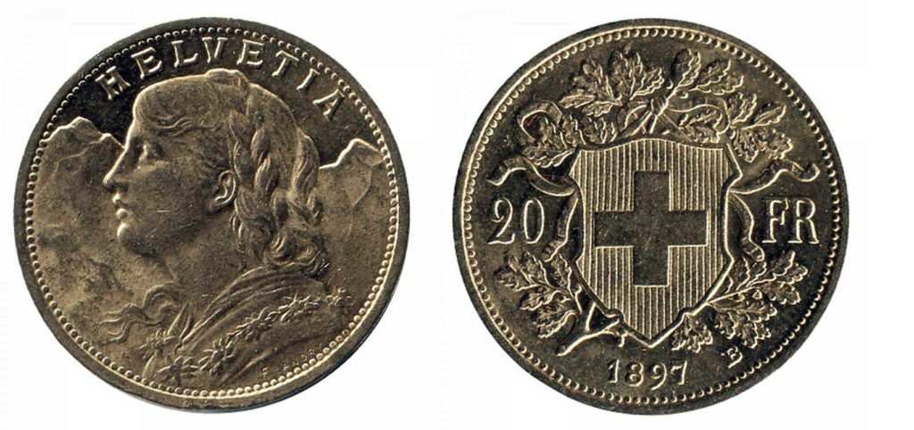 cara y cruz de la moneda de 20 francos suizos vreneli 1897, una moneda de oro de 5,80 gramos.