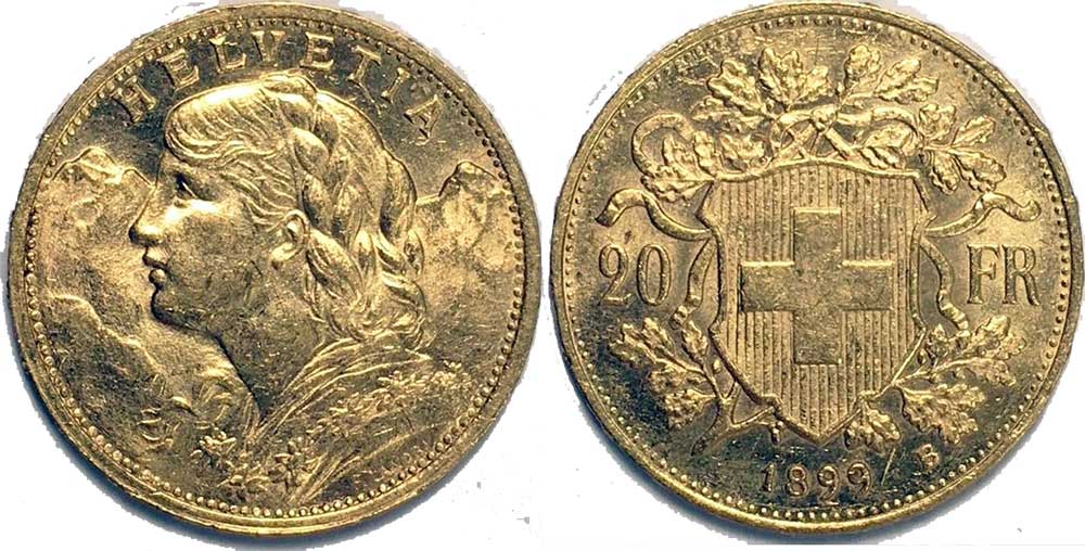 cara y cruz de la moneda de 20 francos suizos vreneli 1899, una moneda de oro de 5,80 gramos.