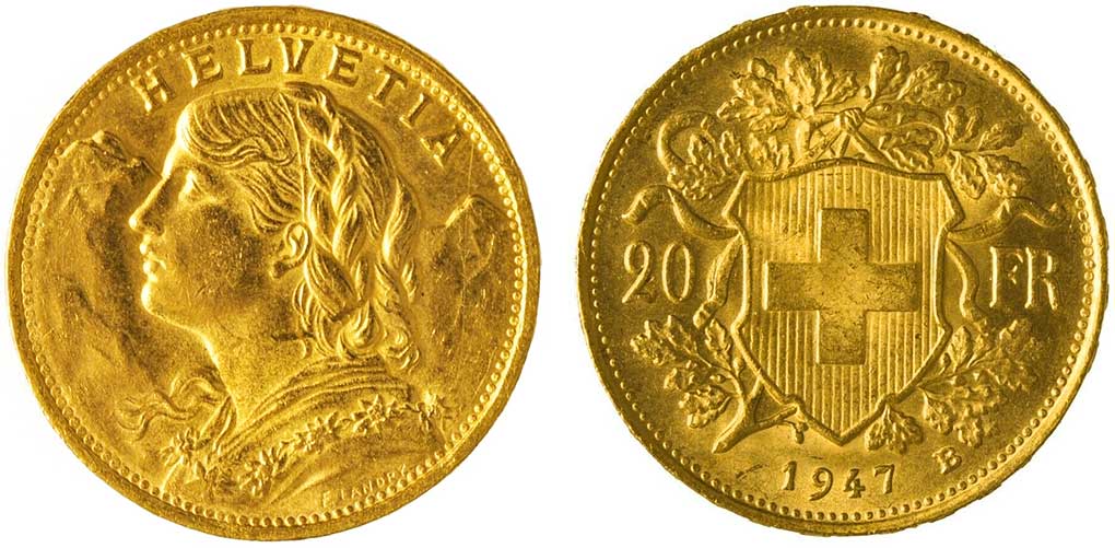 cara y cruz de la moneda de 20 francos suizos vreneli 1947, una moneda de oro de 5,80 gramos.