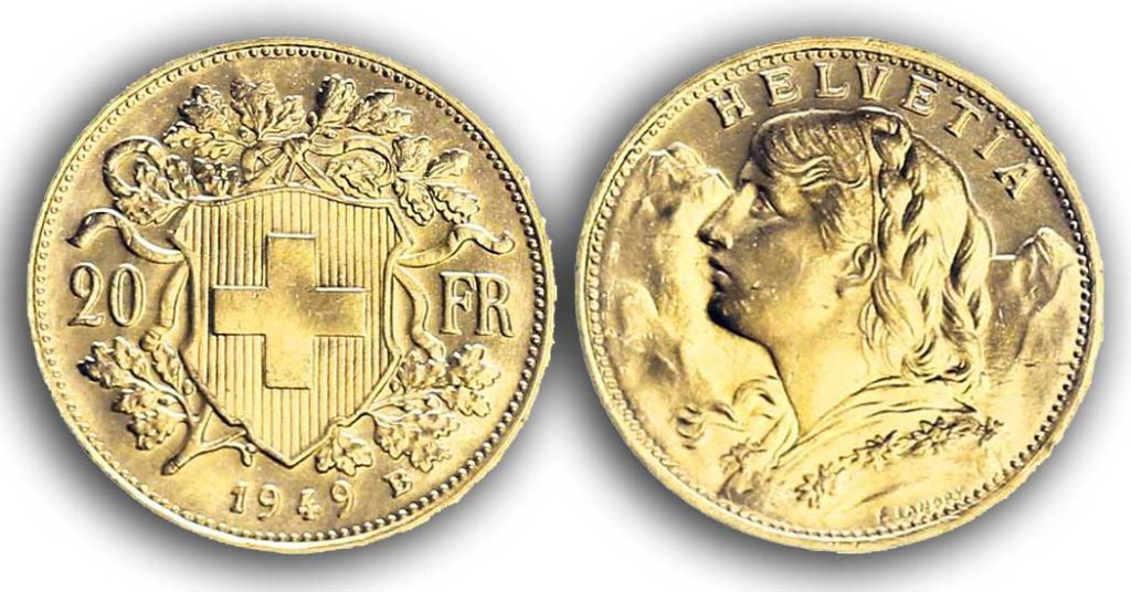 The 20 Swiss francs vreneli helvetia 1949, a 5.80 gram Gold Coin.