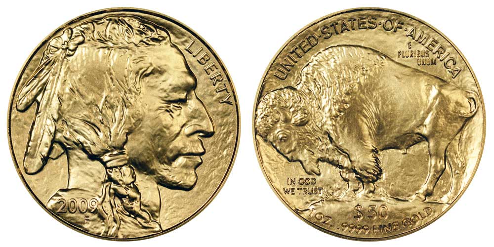 Avers y revers de la pìèce en or "american buffalo" d'une once d'or millesime 2009. La pièce d'or "Buffalo Américain" 2009 est en or 24 carats soit 100% d’or.