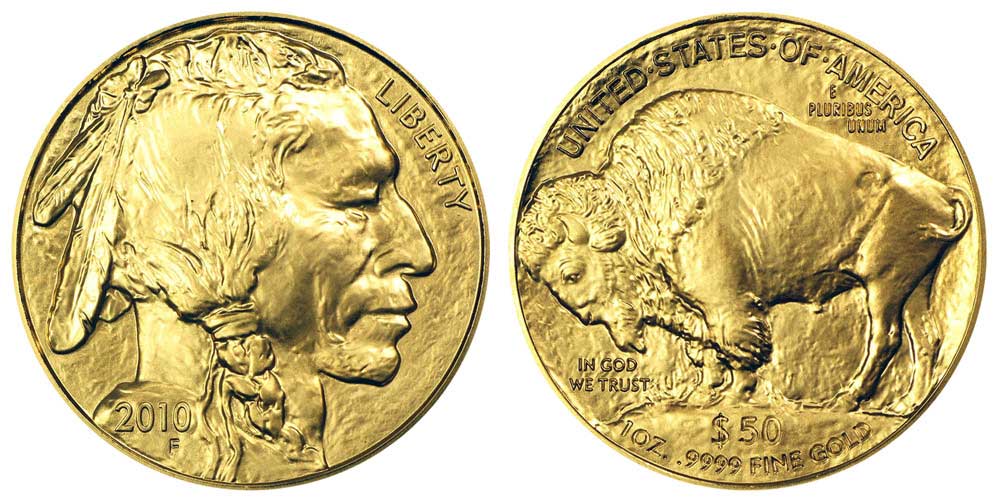 Avers y revers de la pìèce en or "american buffalo" d'une once d'or millesime 2010. La pièce d'or "Buffalo Américain" 2010 est en or 24 carats soit 100% d’or.
