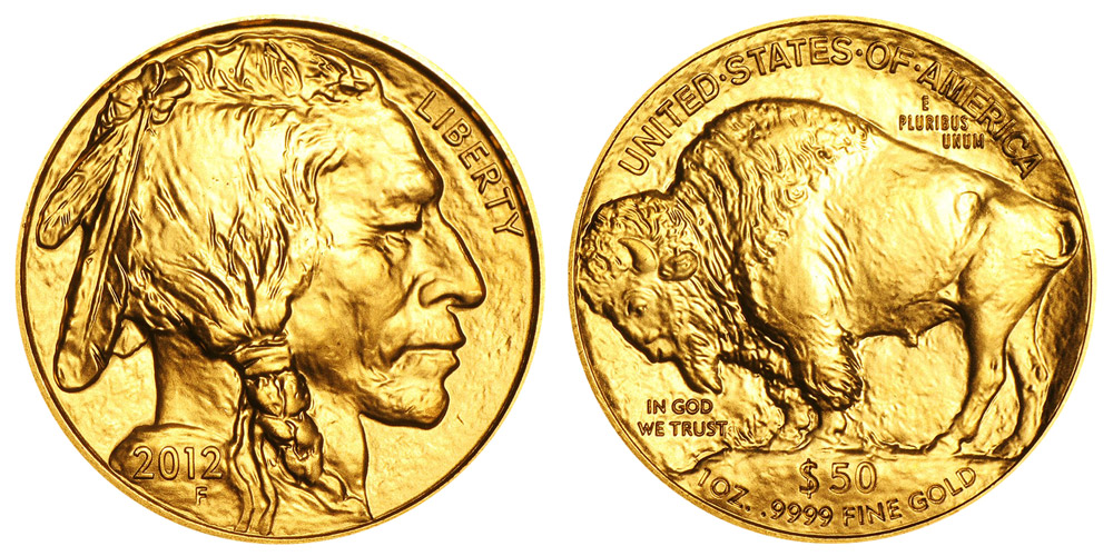 Avers y revers de la pìèce en or "american buffalo" d'une once d'or millesime 2012. La pièce d'or "Buffalo Américain" 2012 est en or 24 carats soit 100% d’or.