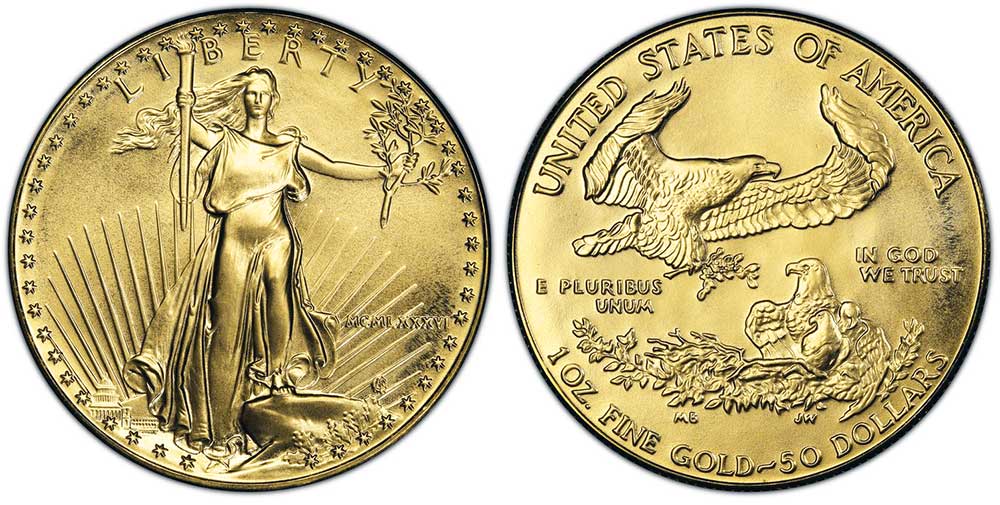 Avers y revers de la pìèce en or "american eagle" d'une once d'or millesime 1986. La pièce d'or Aigle Américain 1986 est en or 22 carats soit 91,67% d’or.