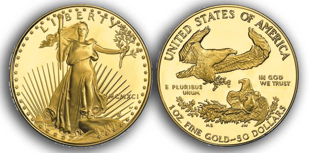 Avers y revers de la pièce en or "american eagle" d'une once d'or millesime 1991. La pièce d'or Aigle Américain 1991 est en or 22 carats soit 91,67% d’or.