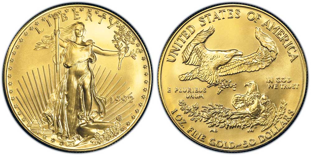 Avers y revers de la pìèce en or "american eagle" d'une once d'or millesime 1992. La pièce d'or Aigle Américain 1992 est en or 22 carats soit 91,67% d’or.