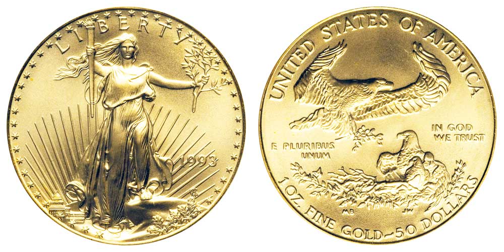 Avers y revers de la pìèce en or "american eagle" d'une once d'or millesime 1993. La pièce d'or Aigle Américain 1993 est en or 22 carats soit 91,67% d’or.
