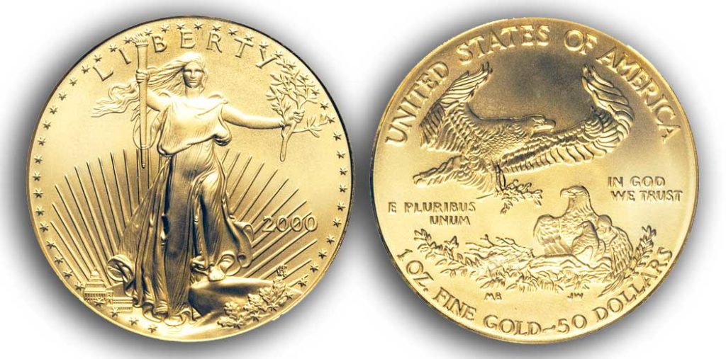 Avers y revers de la pièce en or "american eagle" d'une once d'or millesime 2000. La pièce d'or Aigle Américain 2000 est en or 22 carats soit 91,67% d’or.