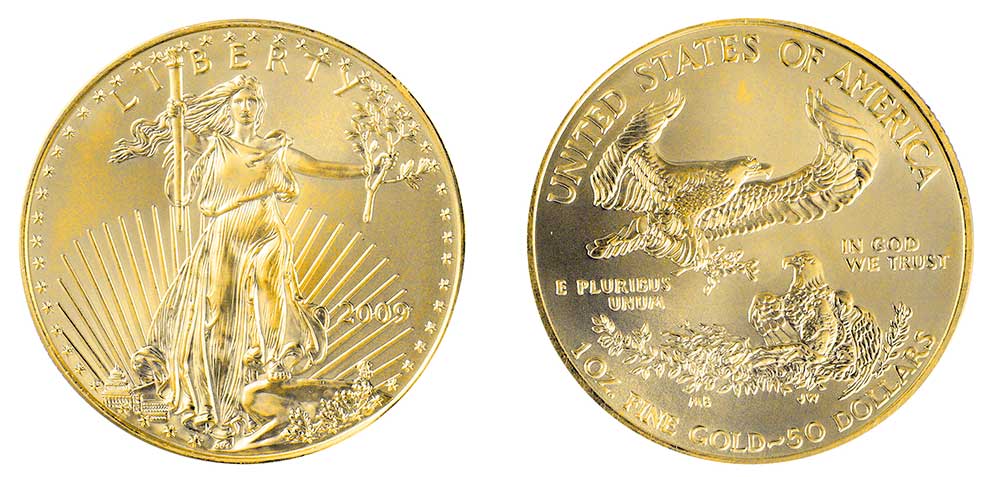 Avers y revers de la pìèce en or "american eagle" d'une once d'or millesime 2009. La pièce d'or Aigle Américain 2009 est en or 22 carats soit 91,67% d’or.