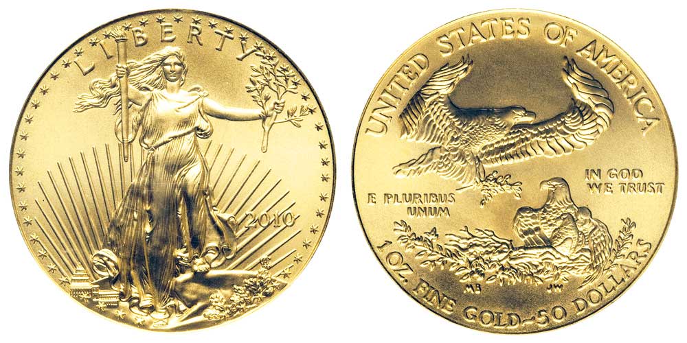 Avers y revers de la pìèce en or "american eagle" d'une once d'or millesime 2010. La pièce d'or Aigle Américain 2010 est en or 22 carats soit 91,67% d’or.