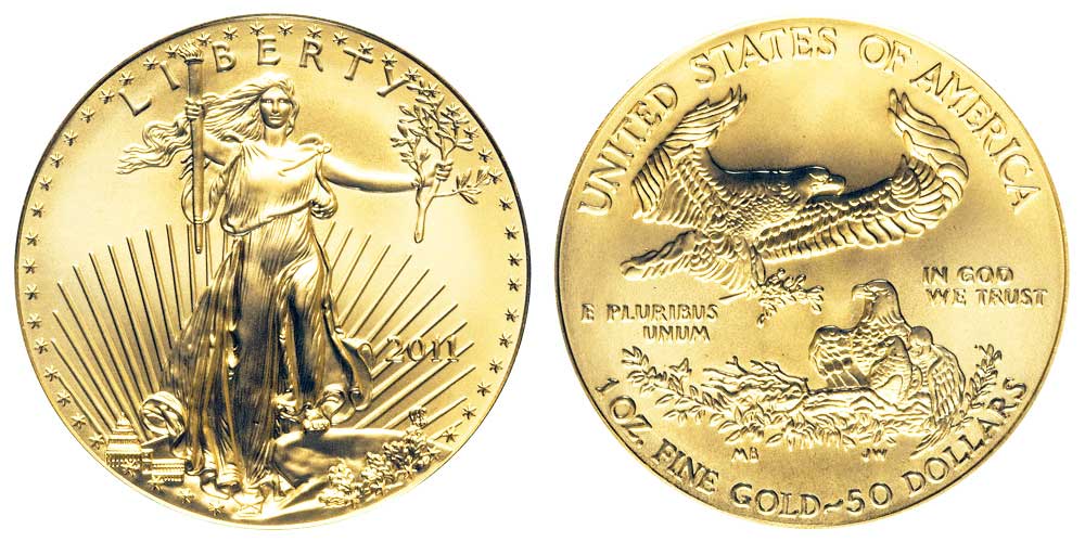 Avers y revers de la pìèce en or "american eagle" d'une once d'or millesime 2011. La pièce d'or Aigle Américain 2011 est en or 22 carats soit 91,67% d’or.