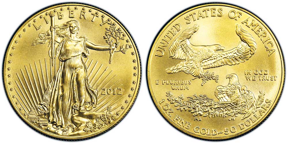 Avers y revers de la pìèce en or "american eagle" d'une once d'or millesime 2012. La pièce d'or Aigle Américain 2012 est en or 22 carats soit 91,67% d’or.