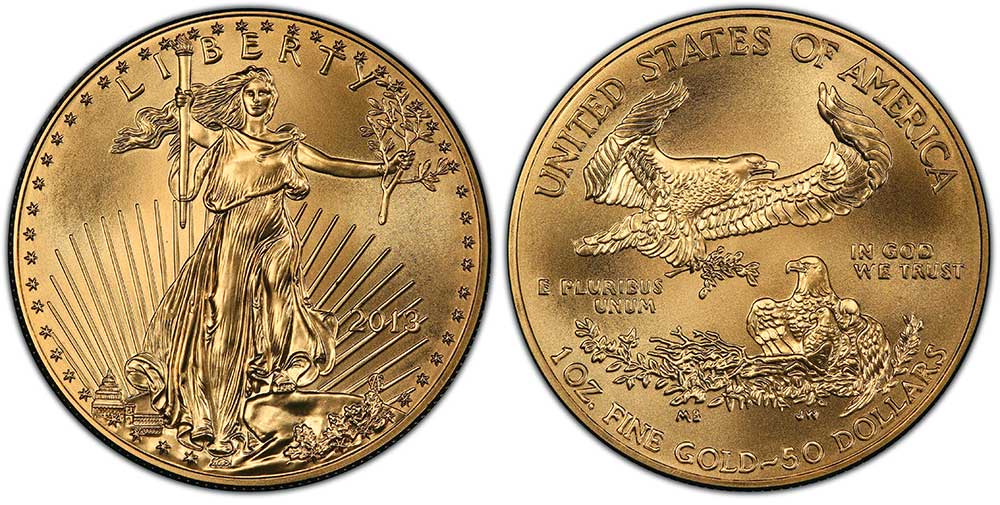 Avers y revers de la pìèce en or "american eagle" d'une once d'or millesime 2013. La pièce d'or Aigle Américain 2013 est en or 22 carats soit 91,67% d’or.