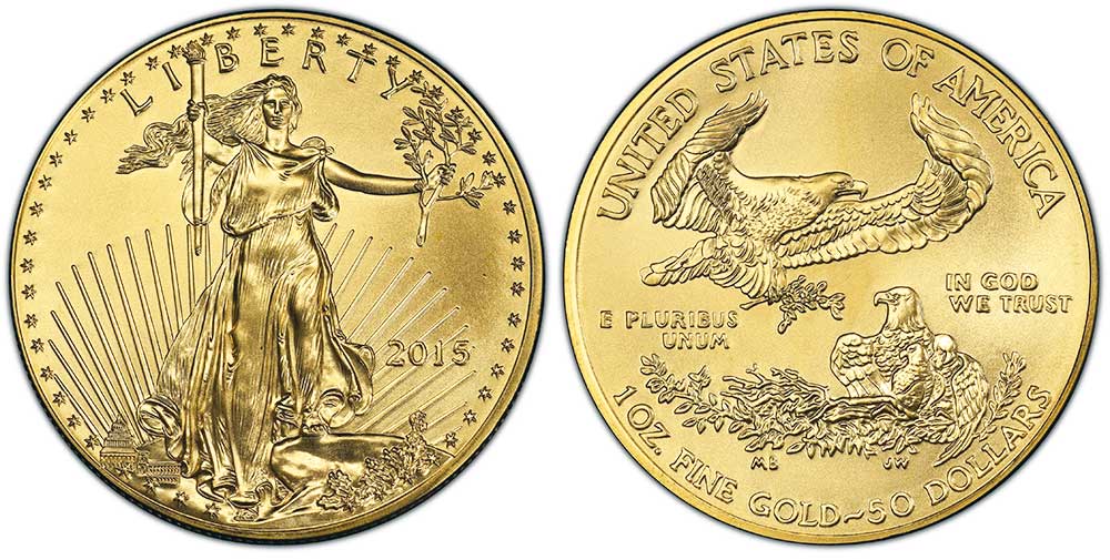 Avers y revers de la pìèce en or "american eagle" d'une once d'or millesime 2015. La pièce d'or Aigle Américain 2015 est en or 22 carats soit 91,67% d’or.