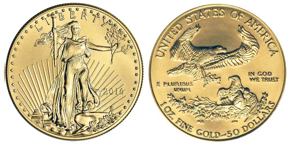 Avers y revers de la pìèce en or "american eagle" d'une once d'or millesime 2016. La pièce d'or Aigle Américain 2016 est en or 22 carats soit 91,67% d’or.