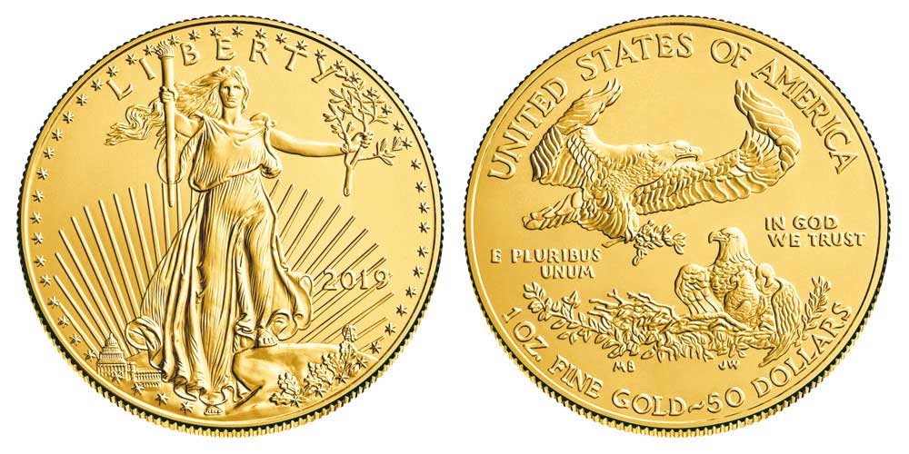 Avers y revers de la pìèce en or "american eagle" d'une once d'or millesime 2019. La pièce d'or Aigle Américain 2019 est en or 22 carats soit 91,67% d’or.