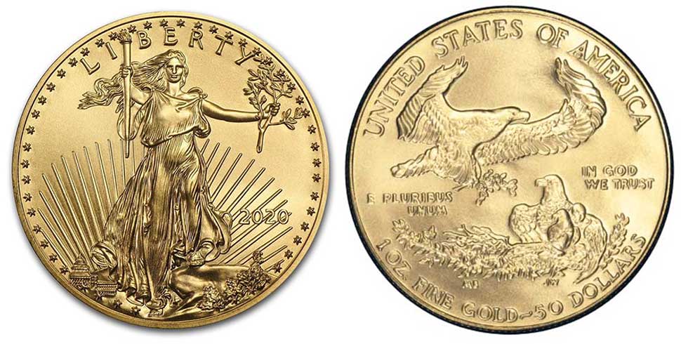 Avers y revers de la pìèce en or "american eagle" d'une once d'or millesime 2020. La pièce d'or Aigle Américain 2020 est en or 22 carats soit 91,67% d’or.