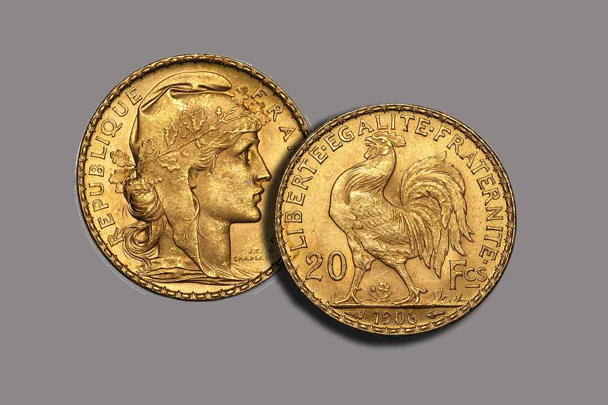 1904 20 French Francs Marianne Rooster Gold Coin.