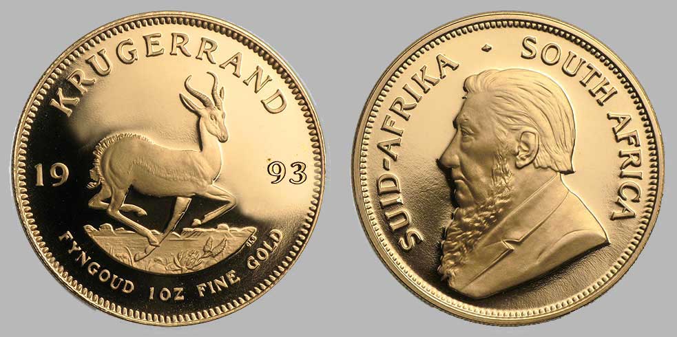 Obverse and reverse of the 1993 one ounce gold krugerrand.