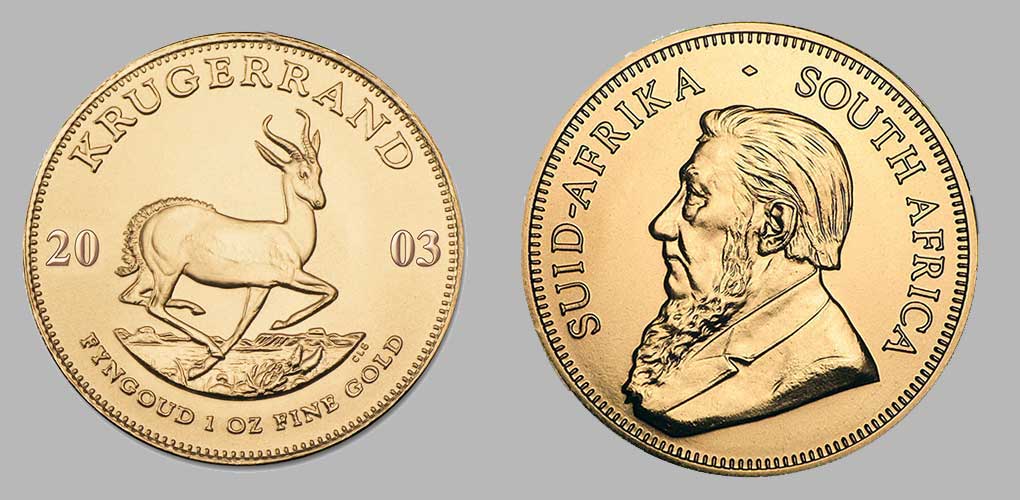 Obverse and reverse of the 2003 one ounce gold krugerrand.
