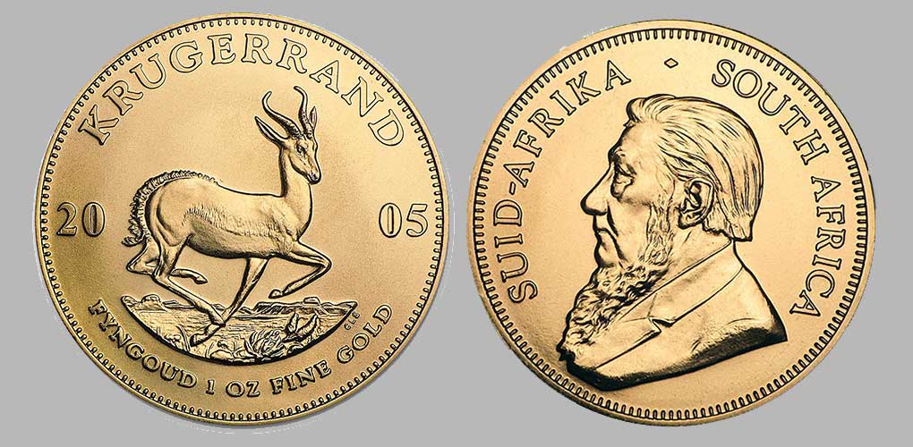 Obverse and reverse of the 2005 one ounce gold krugerrand.