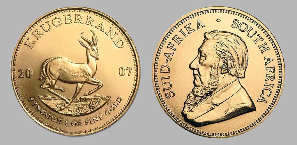 Obverse and reverse of the 2007 one ounce gold krugerrand.