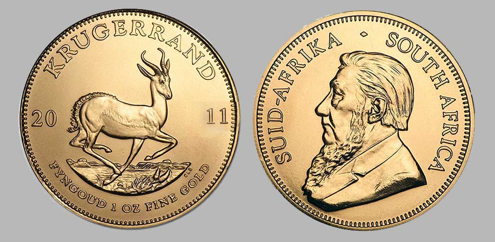 Obverse and reverse of the 2011 one ounce gold krugerrand.