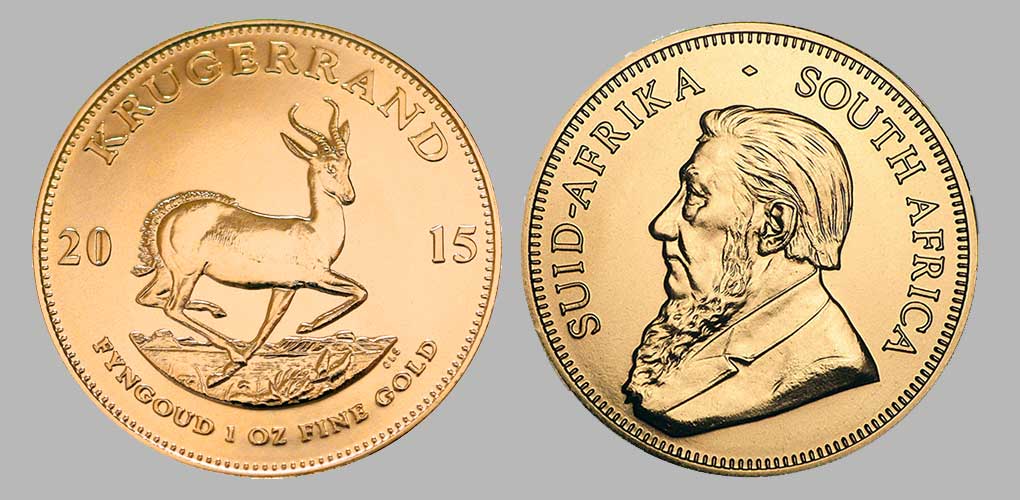 Obverse and reverse of the 2015 one ounce gold krugerrand.