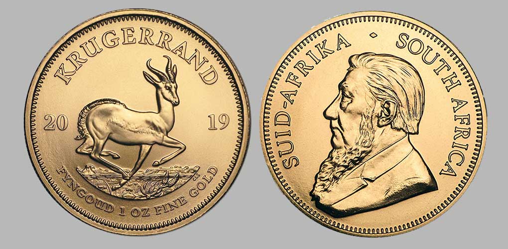 Obverse and reverse of the 2019 one ounce gold krugerrand.