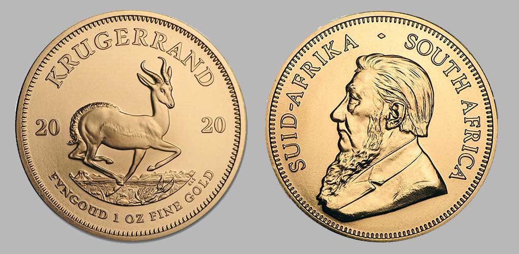 Obverse and reverse of the 2020 one ounce gold krugerrand.
