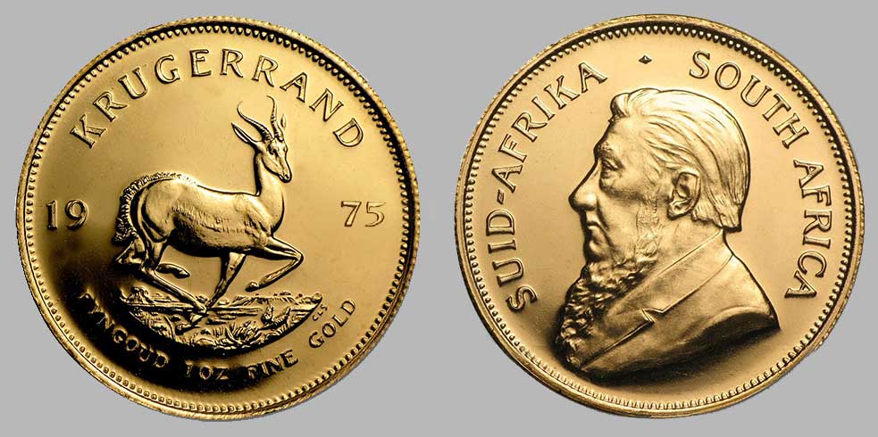 Obverse and reverse of the 1975 one ounce gold krugerrand.