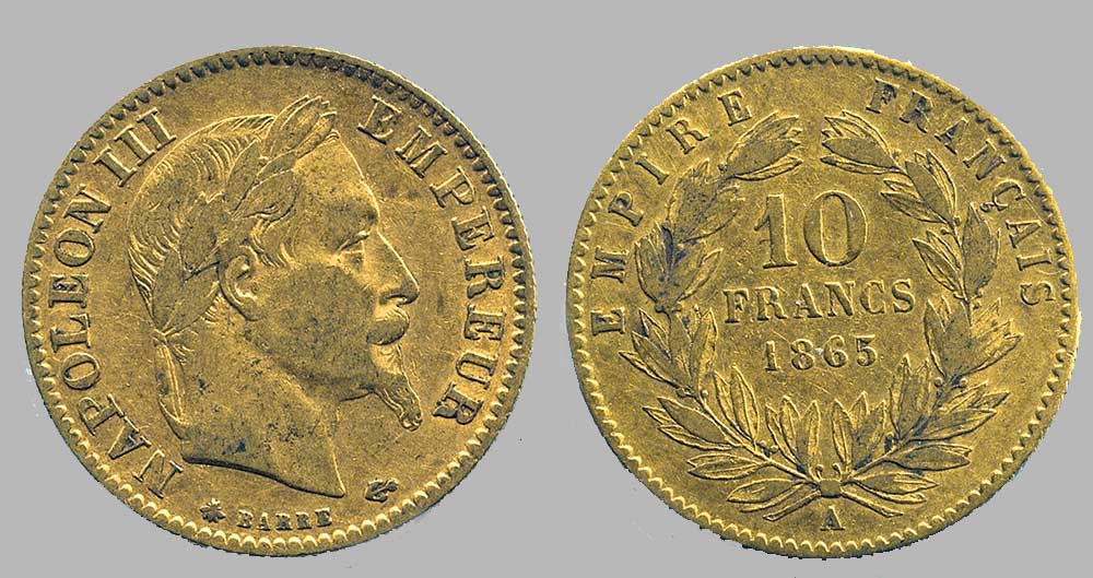 Avers y Revers de la 10 Francs en Or A-1865. Le demi napoléon or A-1865 est une Pièce d’Or française de 3,22 gramme d’or titrant 900‰ d’un diamètre de 19,00 mm.