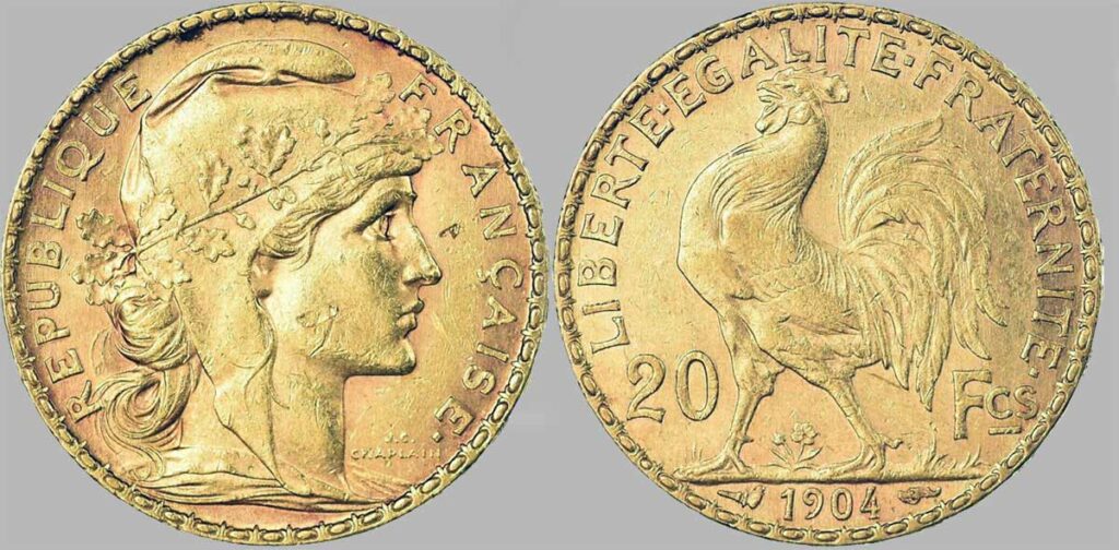 Cara y cruz de la moneda de oro francesa de 20 Francos Marianne 1904. El Napoleón de 1904 o es una moneda de oro francesa con 5,80 Gramos de oro fino y un diámetro de 21,0 mm.
