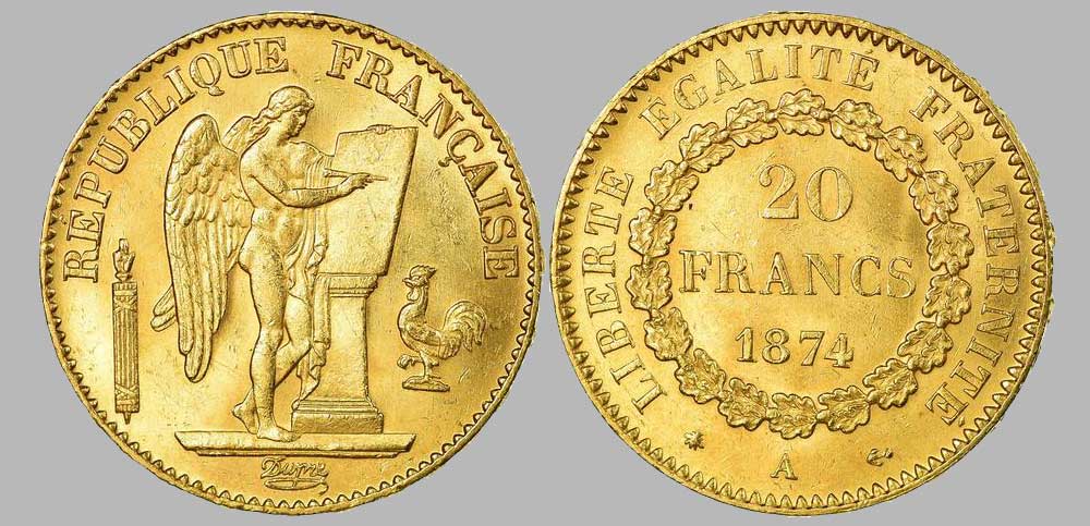 La moneda "Ángel" o "Genio" de oro de 20 francos de 1874, una moneda francesa de 5,80 gramos de oro.