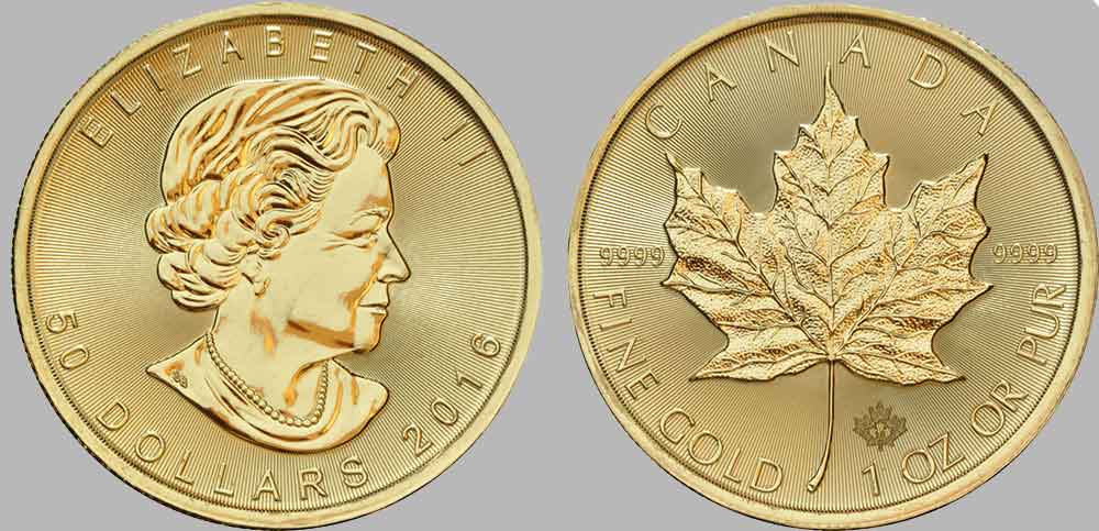 Avers y revers de la pièce en or canadienne "feuille d’érable" d'une once d'or millésime 2016. La pièce d'or "feuille d’érable" 2016 est en or 24 carats soit 100% d’or.