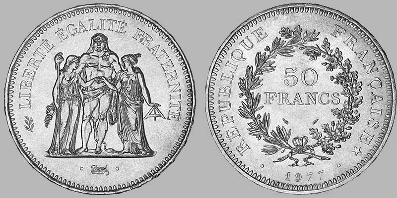 50 francs Hercule 1977 N54466 ancienne pièce monnaie France FDC ARGENT 