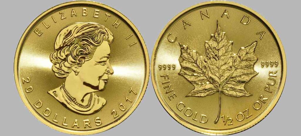 Avers y revers de la pièce en or canadienne « feuille d’érable » d’une demi once d’or millésime 2017. La pièce d’or « feuille d’érable » 2017 est en or 24 carats soit 100% d’or.