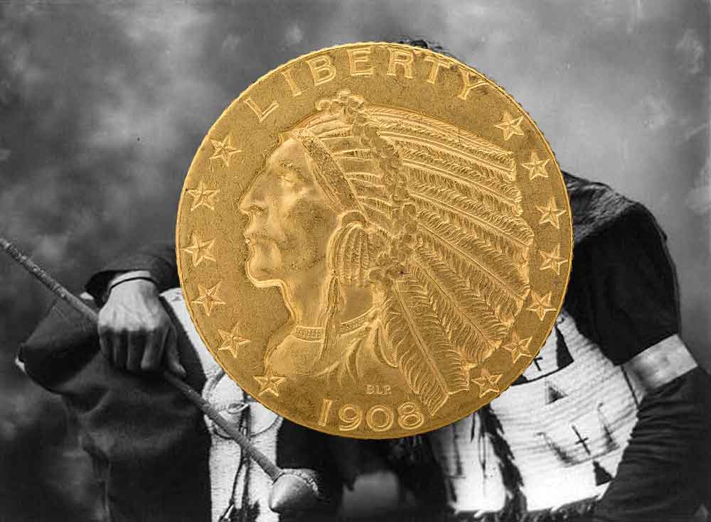 ‘Indian Head’ Gold $5 Half Eagle, 1908 to 1916 and 1929.