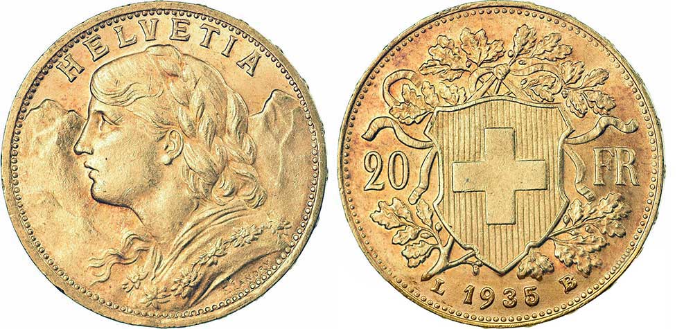 The 20 Swiss francs vreneli helvetia L1935B, a 5.80 gram Gold Coin.