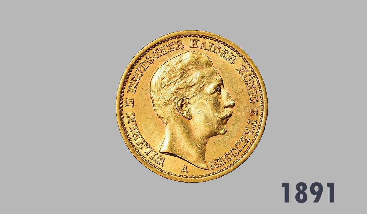 Pièces en or allemande 20 Mark 1891.