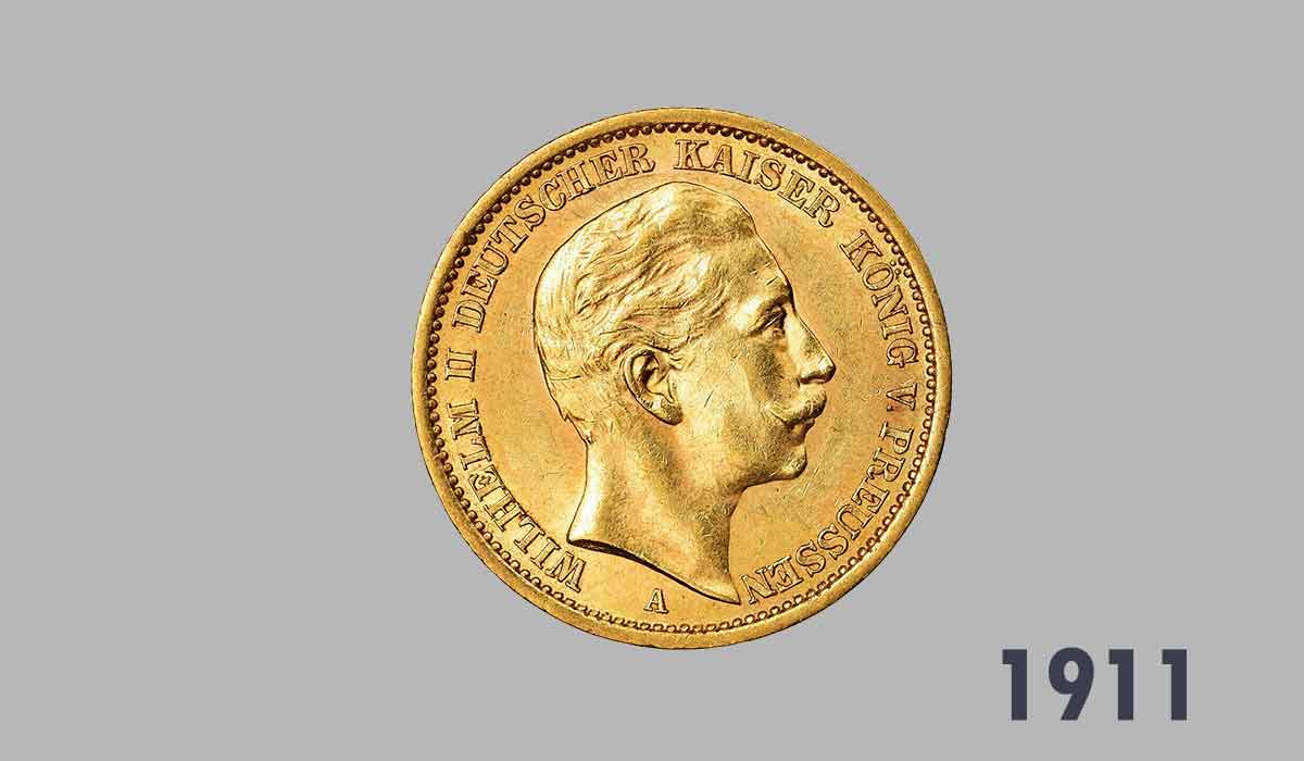 Pièces en or allemande 20 Mark 1911.