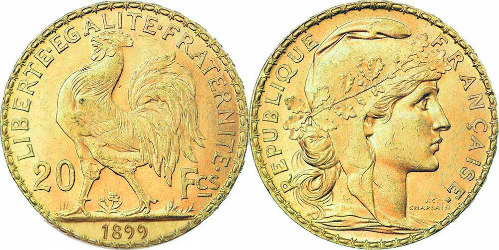 Die 20 Francs Marianne Hahn Goldmünze 1899, heute eine beliebte Anlagemünze mit einer Reinheit von 900/1000.