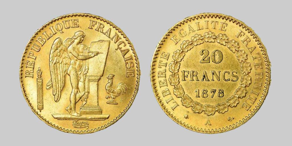 Die 20 Francs stehender Engel 1878, heute eine beliebte Anlagemünze mit einer Reinheit von 900/1000.